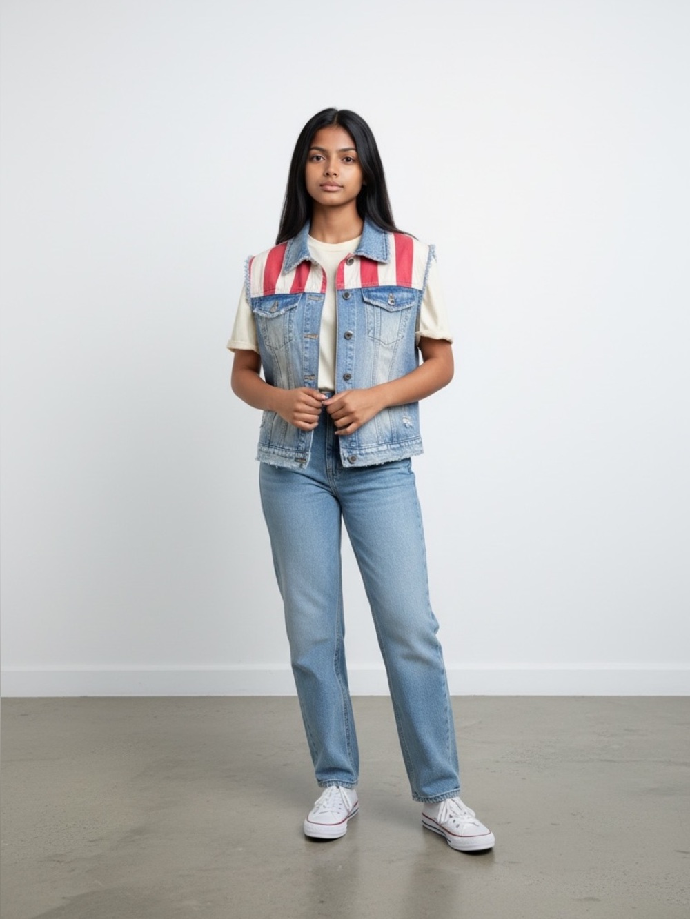 lei Denim Vest with Red, White & Blue Star Panels